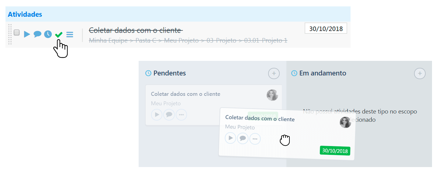 movendo atividade concluída no kanban online