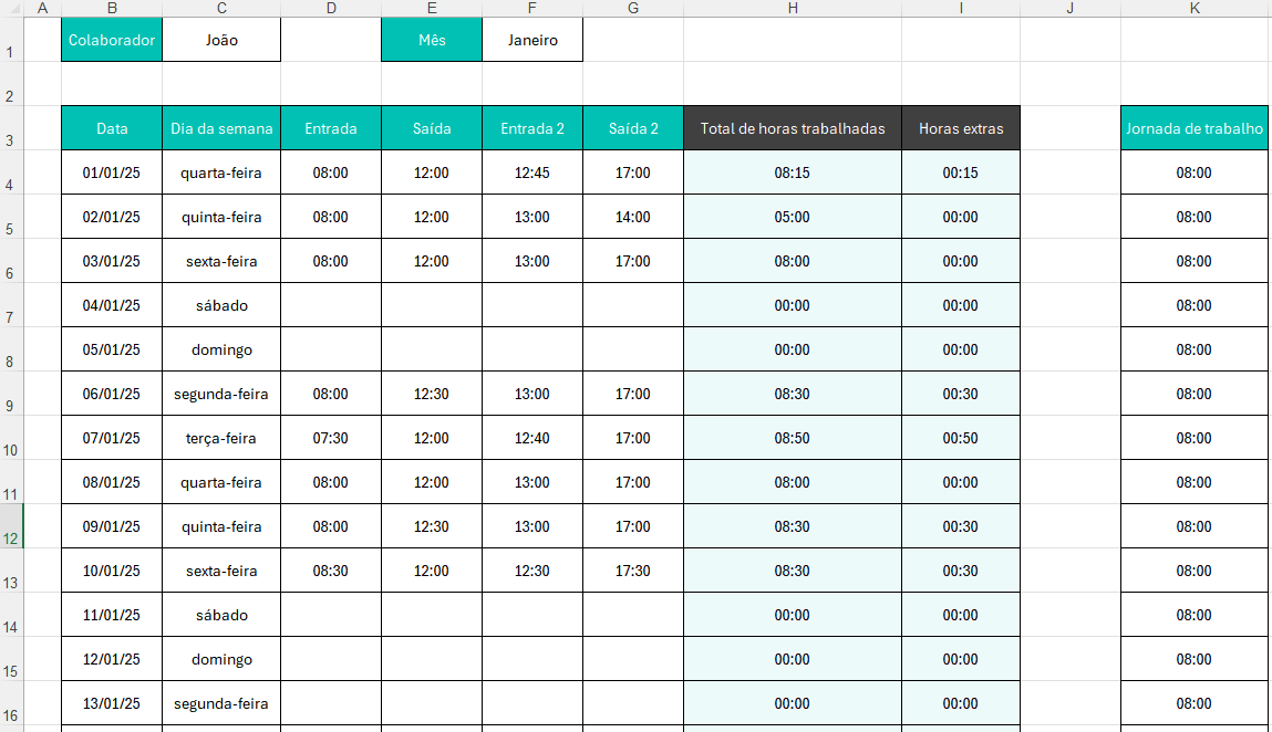 Planilha de horas trabalhadas - timesheet mensal