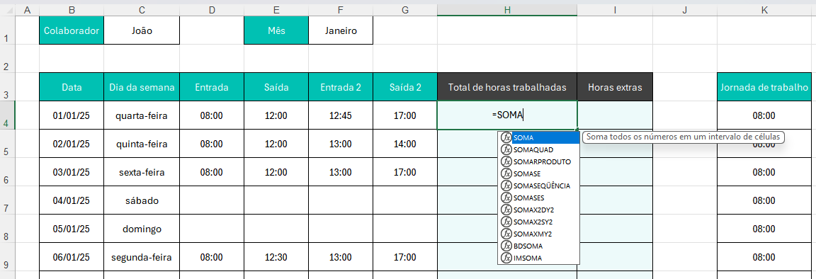 como montar uma planilha de horas trabalhadas 3